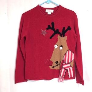 Susan Bristol Red Cotton Blend Reindeer Sweater Size Small